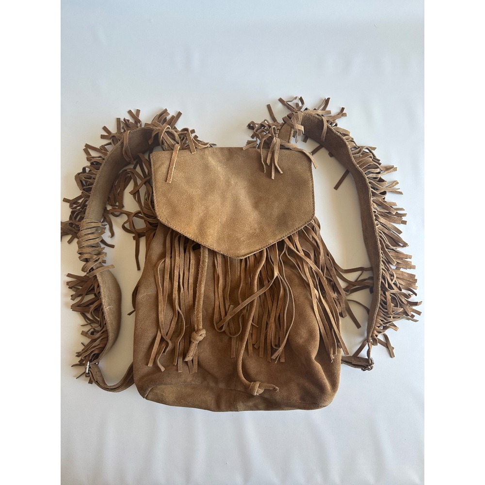 Zara Tan Brown 100% Suede Leather Fringe Boho Backpack Western Festival Bag